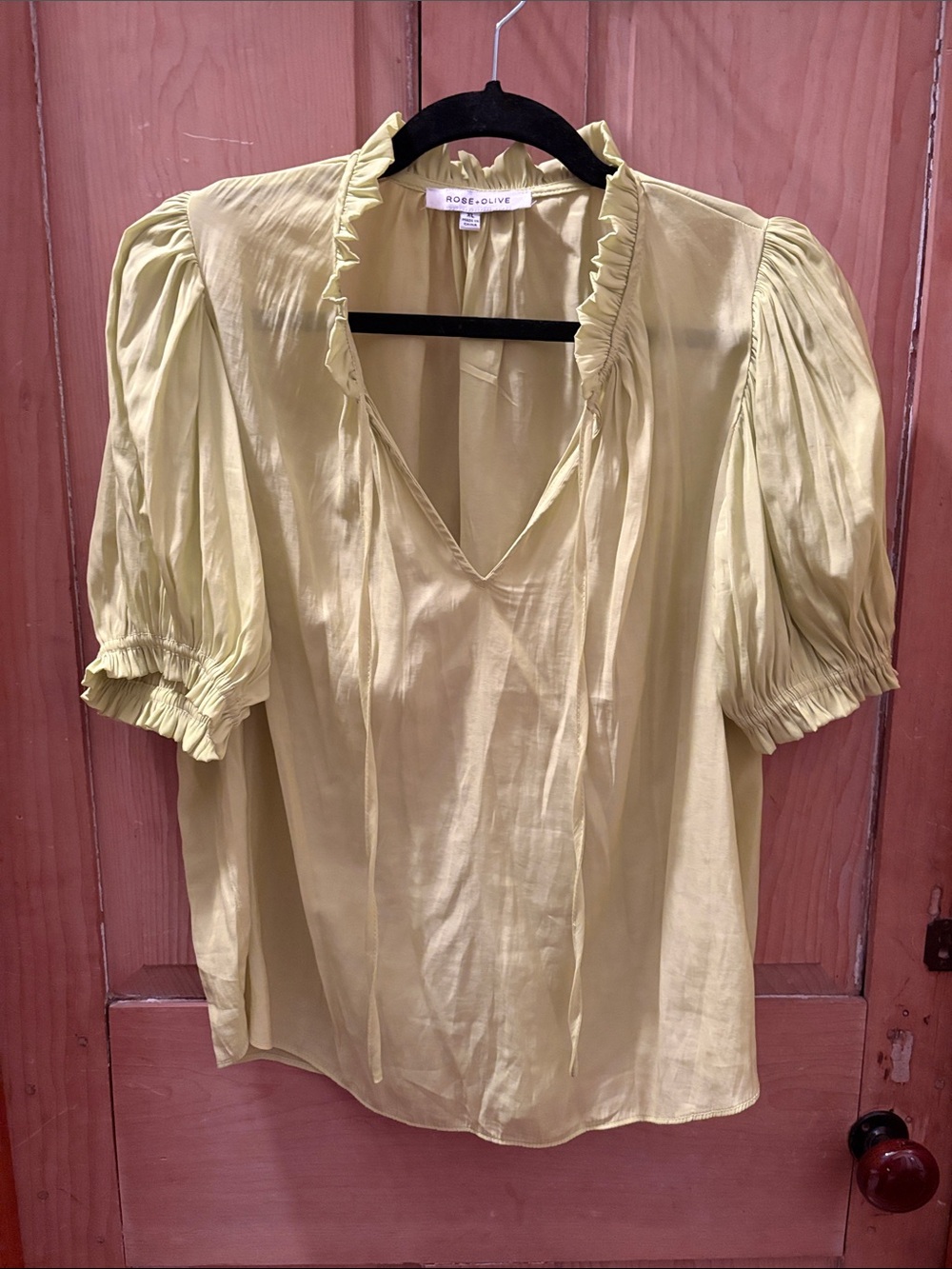Rose & Olive Light Green V-Neck Ruffle Puff Sleeve Blouse